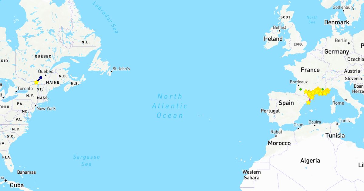 TravelMap itinerary: driving, plane, train, provence, rose, bleu bouche du rhône, orange occitanie, la riviera, italie, rouge, noir, alpes côte d'azur in Canada, Spain, France, Italy, Monaco (Europe, North America)