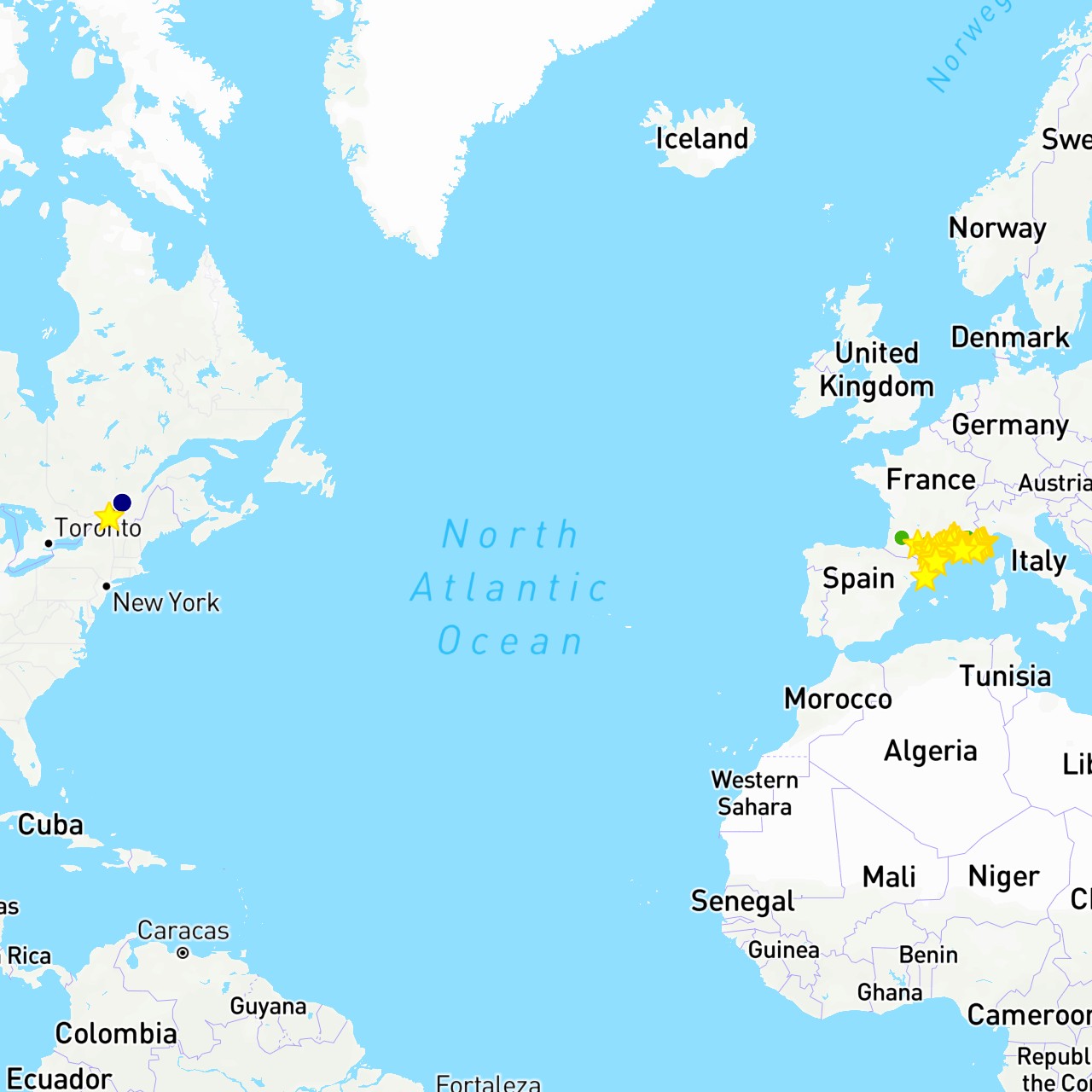 TravelMap itinerary: driving, plane, train, provence, rose, bleu bouche du rhône, orange occitanie, la riviera, italie, rouge, noir, alpes côte d'azur in Canada, Spain, France, Italy, Monaco (Europe, North America)